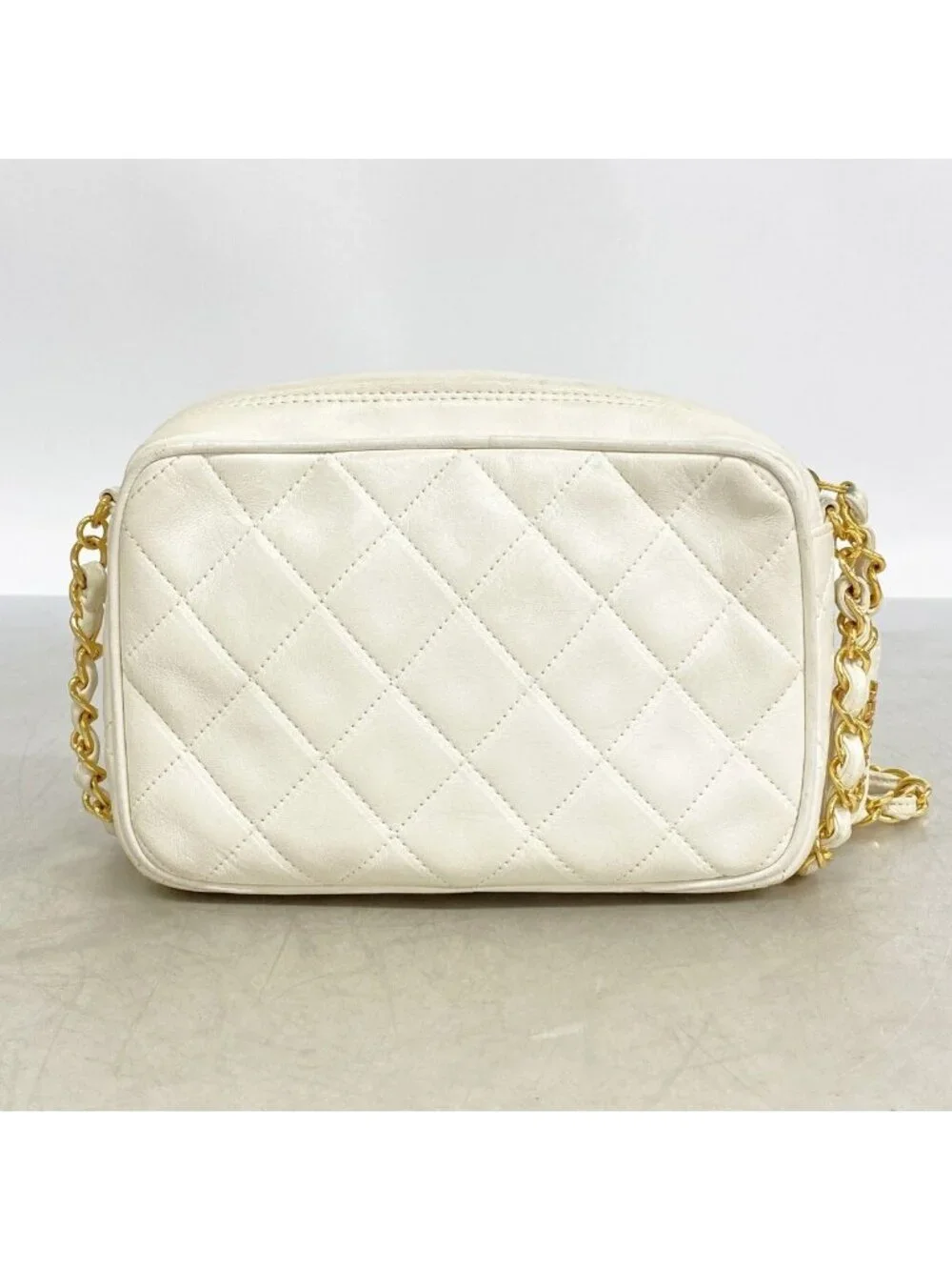 Chanel Shoulder Bag Quilted Lambskin White Gold